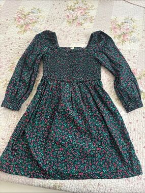 Crewcuts Dark Green Floral Smocked Long Sleeve Dress with Pink Flowers
